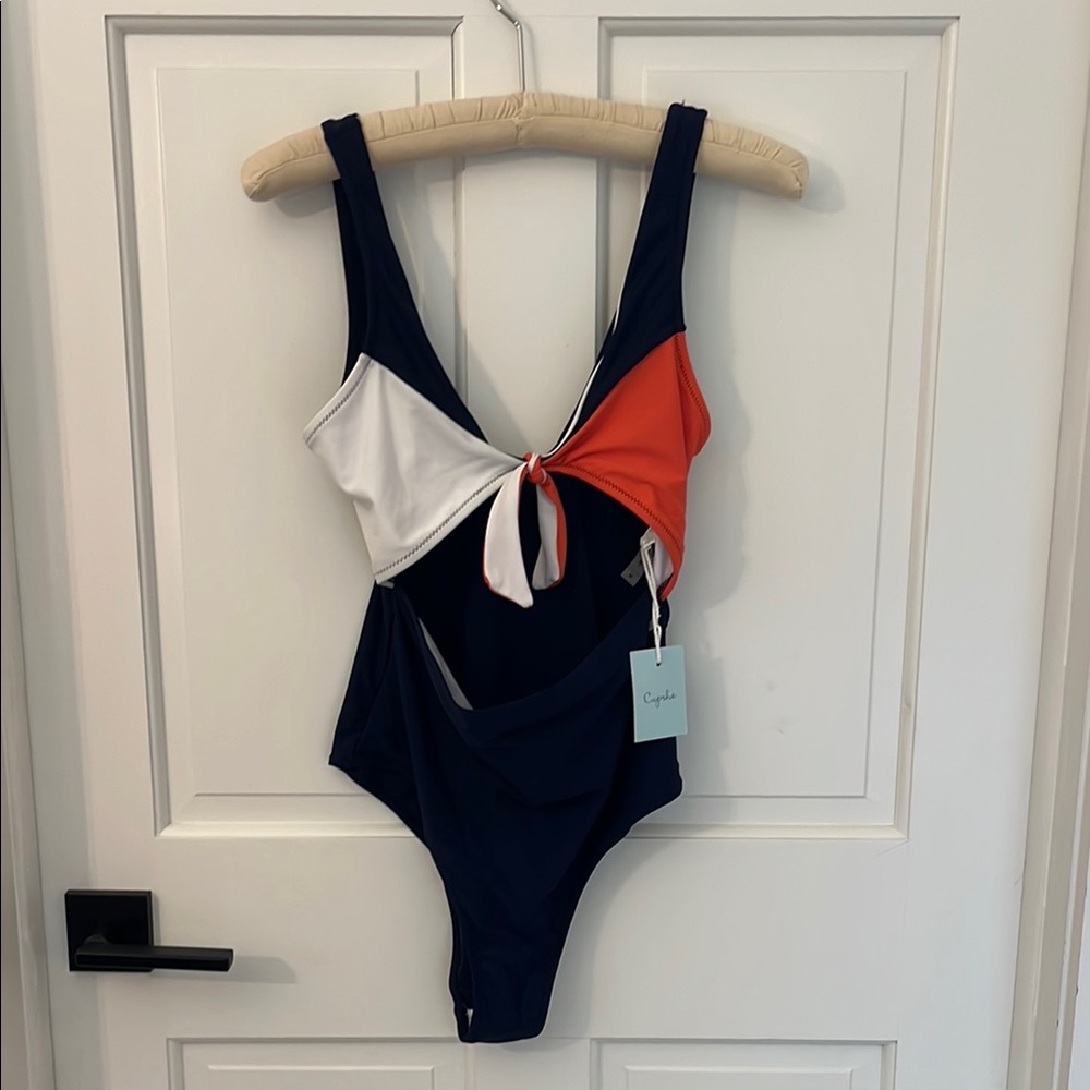 Cupshe Navy One-Piece Swimsuit with Red and White Tie Front